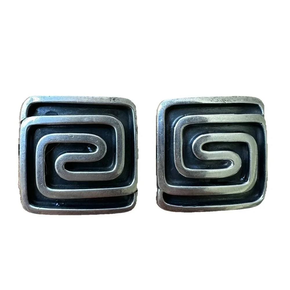 Vintage Silverbird Earrings 0.625 Inch Geometric Maze Square‎ 925 Sterling 11.6g